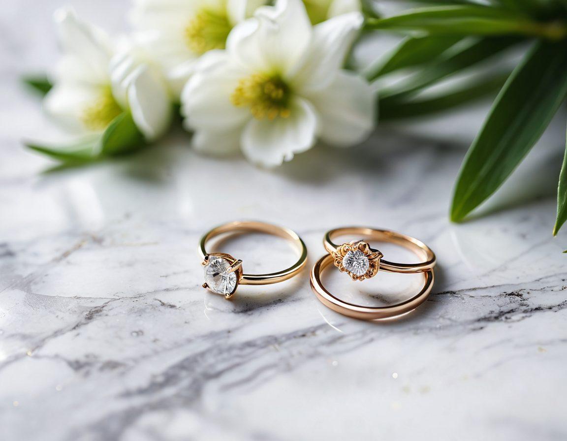 A serene, elegantly arranged display of minimalist rings and trendy accessories on a clean white marble surface, softly illuminated by natural light. Delicate flowers and subtle greenery accentuate the simplicity and sophistication of the jewelry, highlighting their beauty. The background is tastefully blurred to emphasize the accessories. An atmosphere of joy and elegance pervades the scene. super-realistic. natural lighting. vibrant colors.