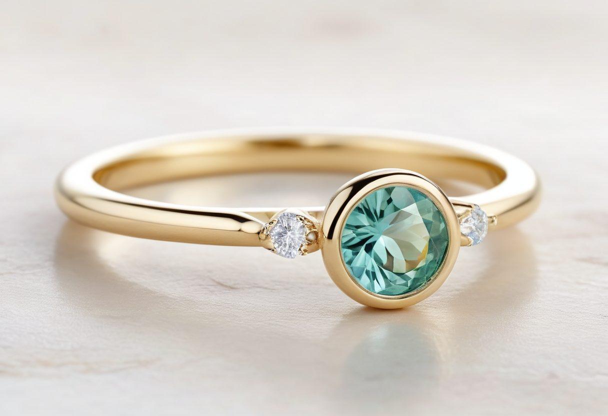 A close-up of an elegantly designed minimalist ring, featuring a single, unique gemstone reflecting light. The background should have soft, subtle textures to emphasize simplicity, with light pastel colors that create a serene atmosphere. Incorporate scattered minimalist jewelry design sketches in a delicate manner around the ring. The overall composition should evoke feelings of delight and personalization. super-realistic. soft colors. white background.