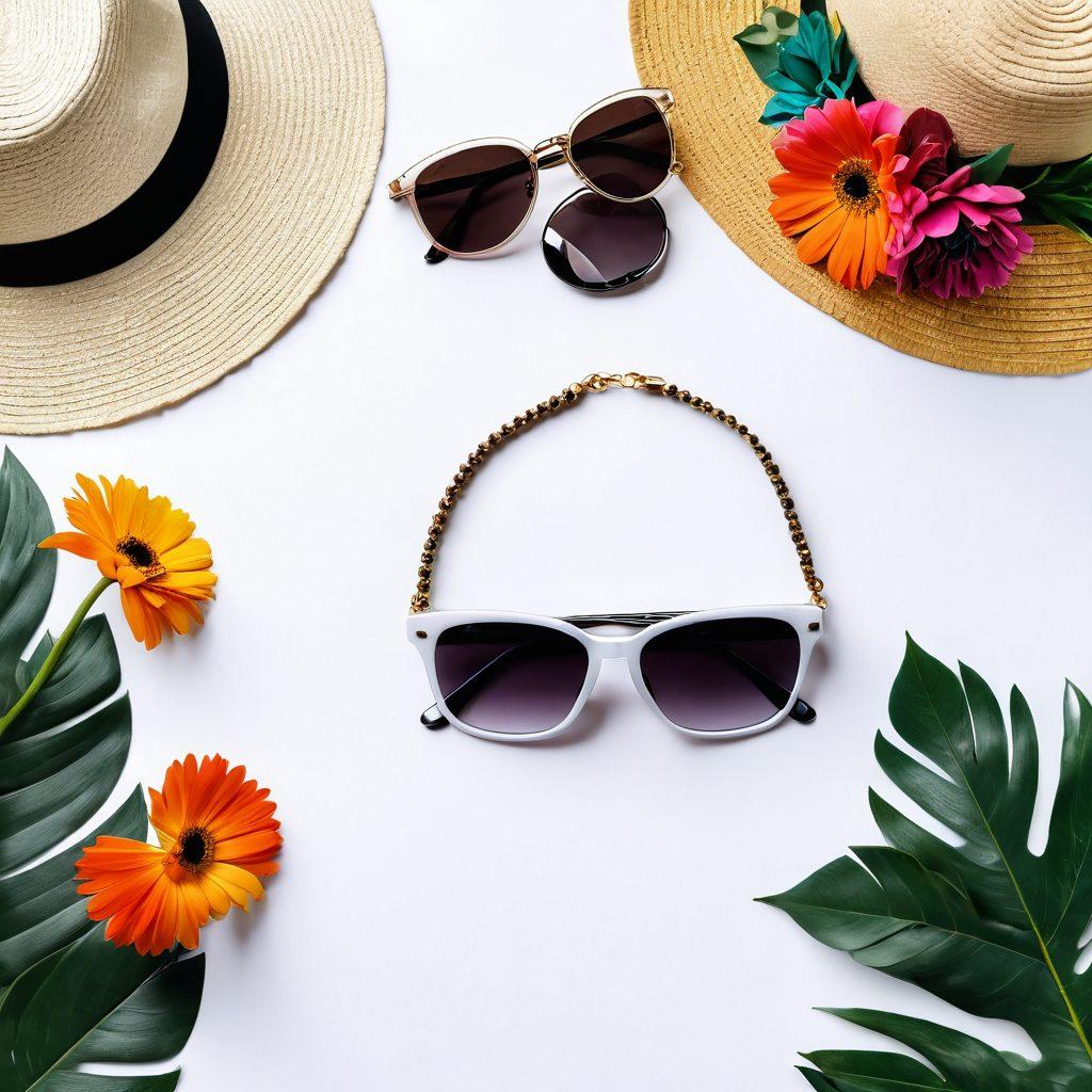 A beautifully arranged flat lay of trendy accessories including colorful statement necklaces, elegant bracelets, chic sunglasses, and stylish hats, all on a sunny outdoor setting with a vibrant floral background. Each accessory radiates joy and style, inviting viewers to envision them for various events. Soft lighting enhances the colors and textures, creating a cheerful and uplifting atmosphere. super-realistic. vibrant colors. white background.